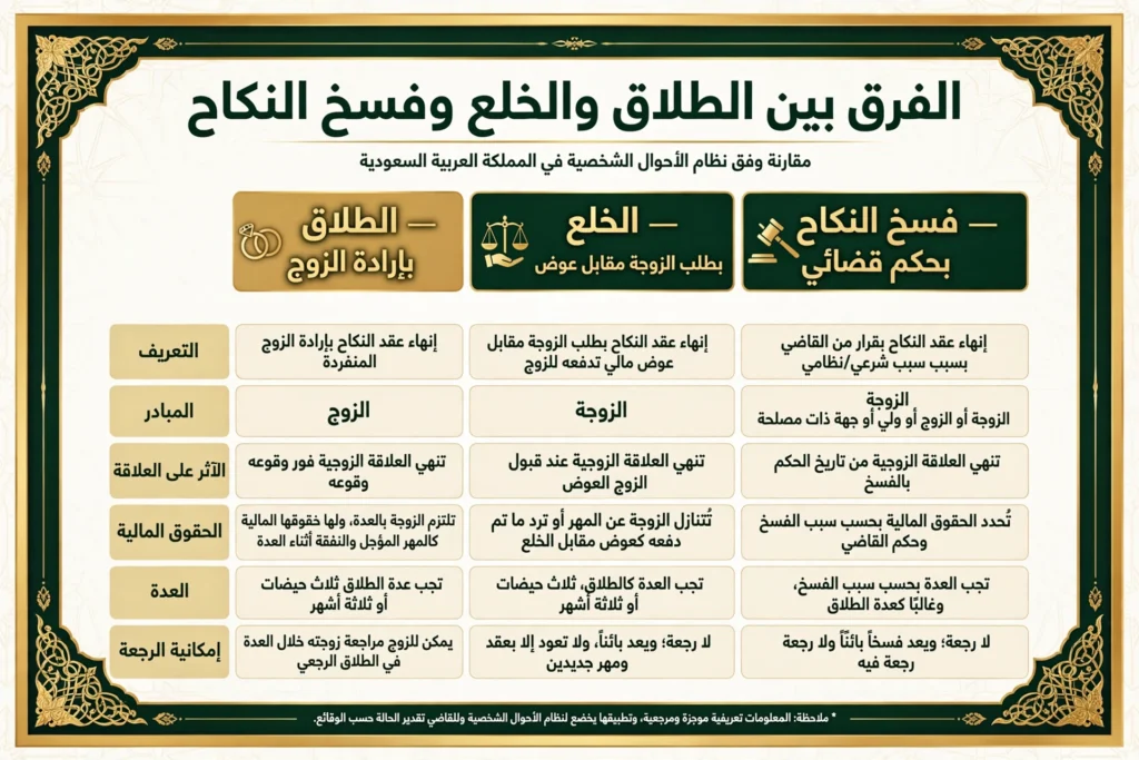 الفرق بين الطلاق والخلع وفسخ النكاح في السعودية - جدول مقارنة يوضح أحكام الطلاق والخلع وفسخ النكاح والمصدر والسبب واحتساب الطلقات
