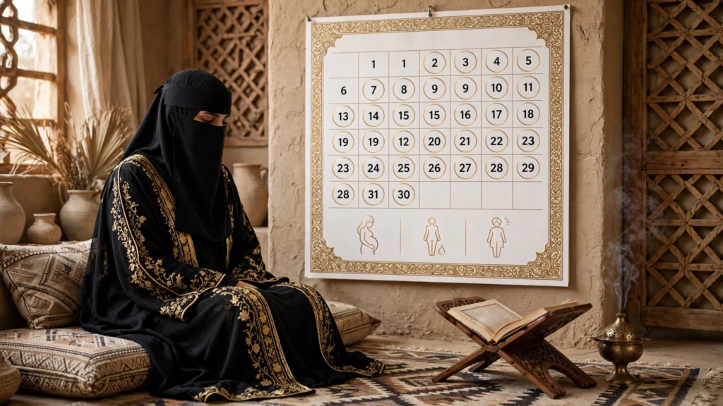العدة هي المدة التي تجب على المرأة انتظارها بعد الطلاق - سيدة منتقبة مع تقويم يوضح حالات الحامل وذوات الحيض والآيسة