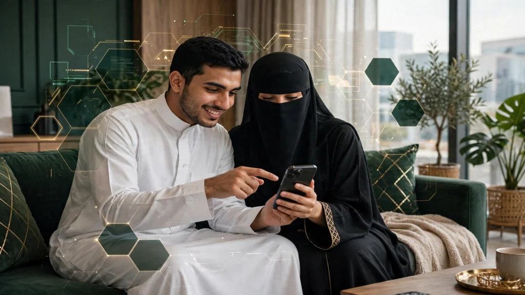 خطوات توثيق عقد الزواج عبر منصة ناجز الإلكترونية - زوجان يستخدمان الجوال على أريكة خضراء