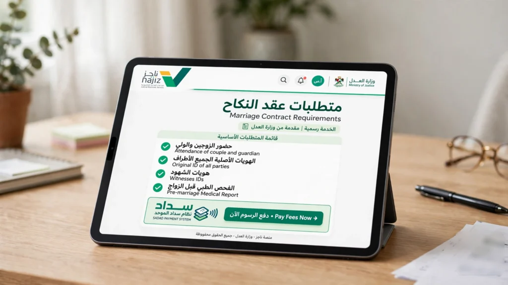 الأوراق المطلوبة لتوثيق الزواج حسب وزارة العدل - بطاقة الهوية الوطنية السعودية و بطاقة شاهد 1 و 2 و تقرير الفحص الطبي قبل الزواج وعقد المهر مع بيانات متبلورة لحماية الخصوصية على طاولة خشبية بملف أخضر