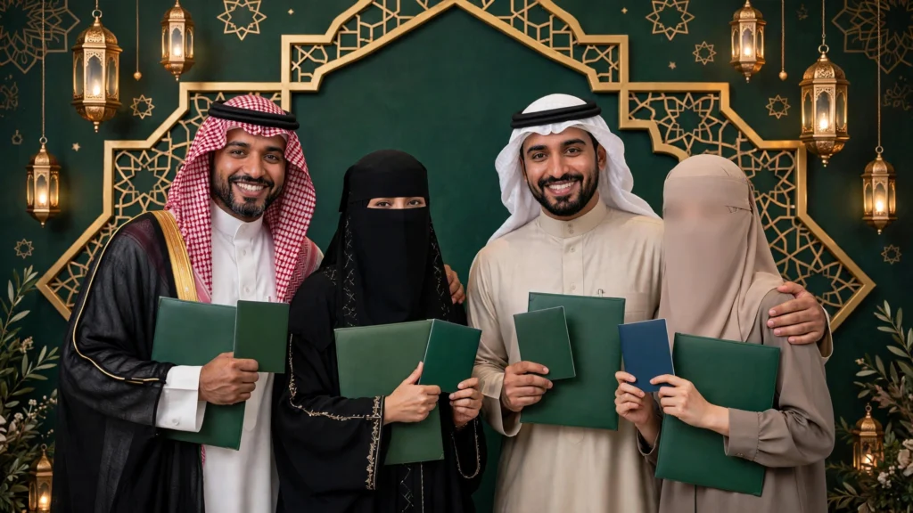 زوجان سعوديان وآخر مختلط يحملون ملفات خضراء وجوازات سفر
