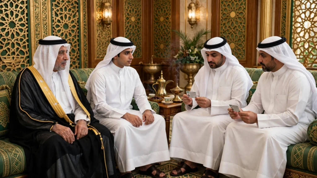 مجلس عقد النكاح الشرعي في السعودية يضم الولي ببشت أسود والعريس والشاهدين بدون حضور المرأة حسب العرف السعودي